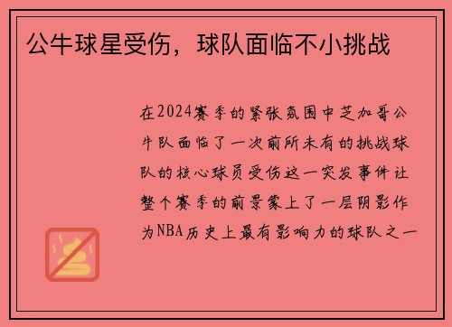 公牛球星受伤,球队面临不小挑战